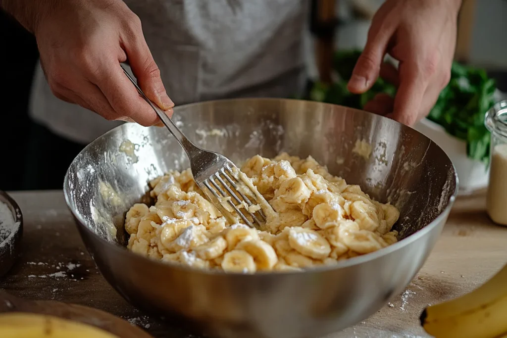 A front view of hands mashing overripe bananas with a fork in a mixing bowl