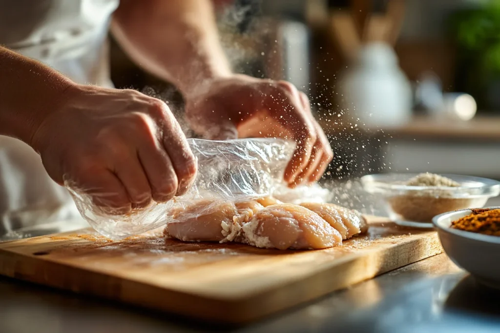 A front view of hands pounding a chicken cutlet between two sheets of plastic wrap on a wooden cutting board