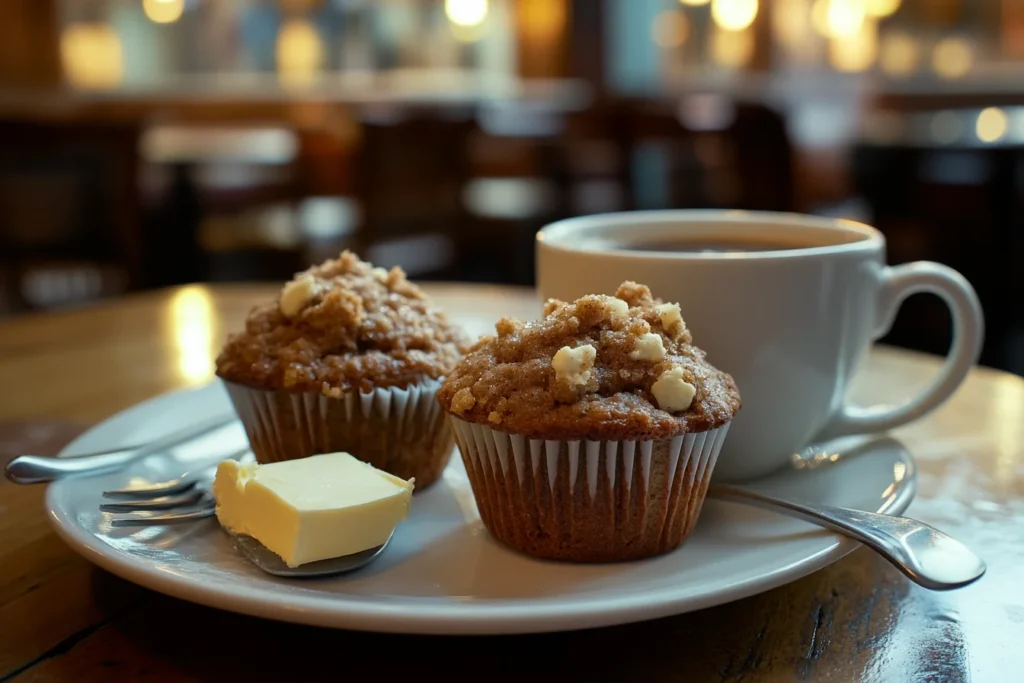 A front view, of two cinnamon streusel muffins placed on a white plate, next to a cup of coffee