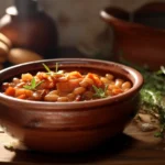 a rustic ceramic bowl filled with freshly baked beans