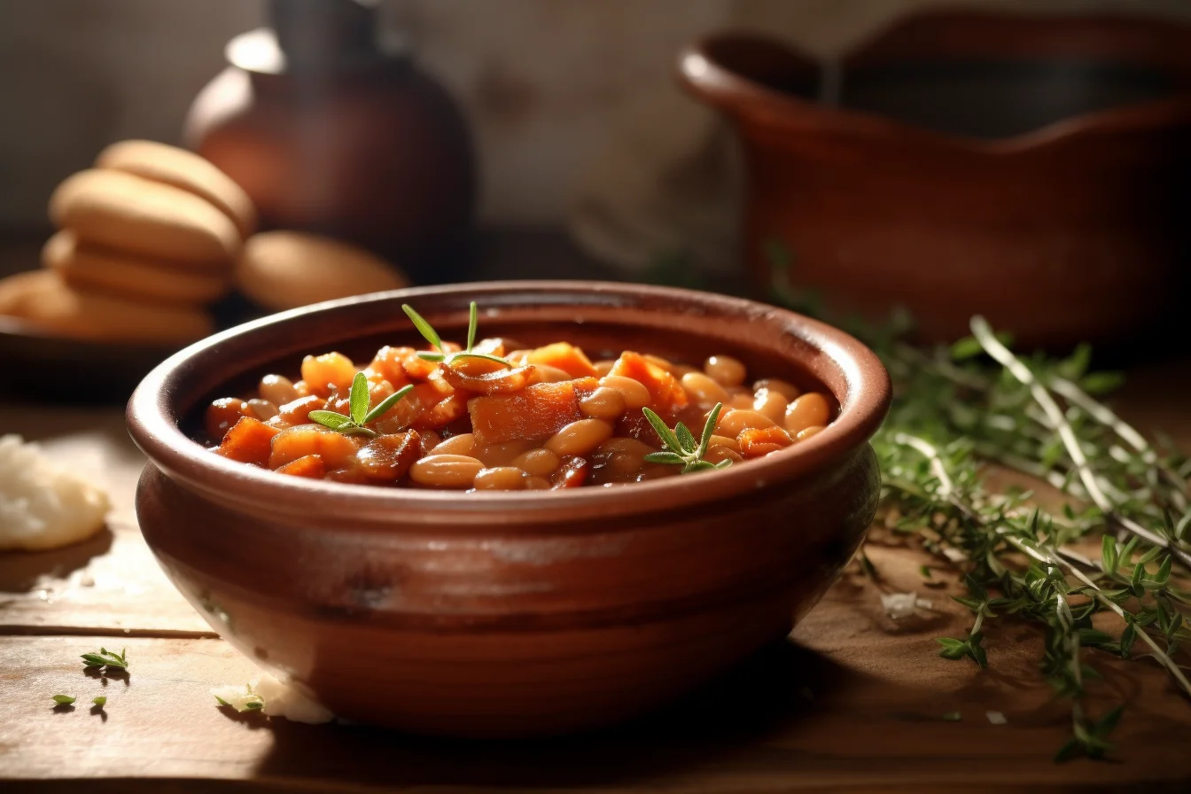 a rustic ceramic bowl filled with freshly baked beans