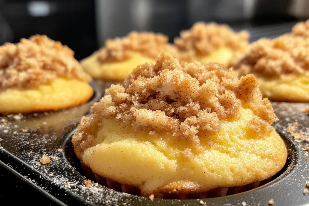 A side view, close-up photograph of several freshly baked cinnamon streusel muffins in a muffin tin