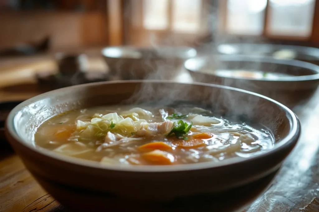 A side view of a bowl of chicken and cabbage soup being served