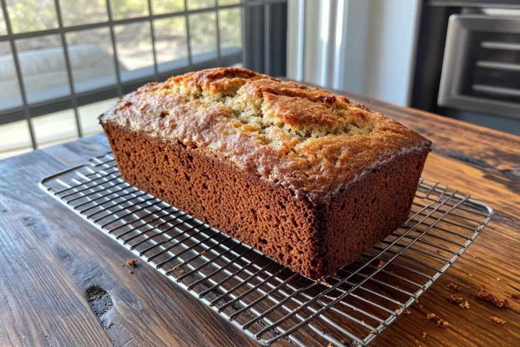 A side view of a freshly baked and cooled loaf of 4-ingredient banana bread