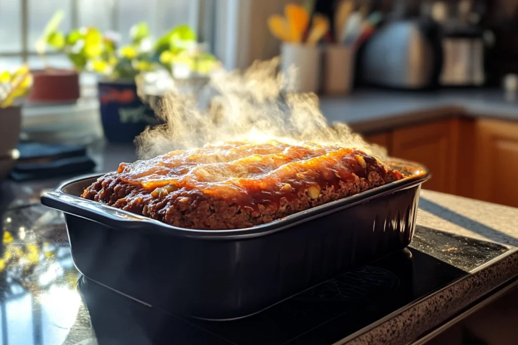 A side view of a freshly baked stove top stuffing meatloaf in a loaf pan