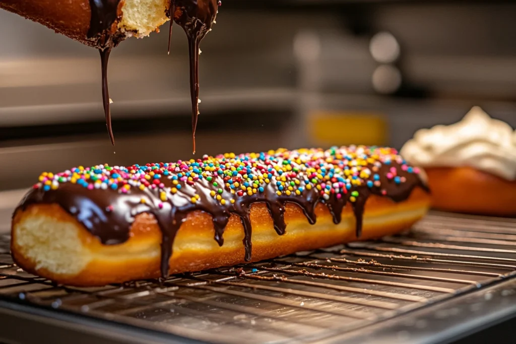 A side view of a long rectangular shaped long john donut being frosted with chocolate and sprinkled with colorful sprinkles