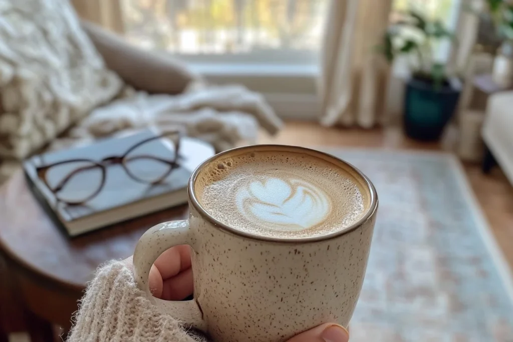 A side view of a person holding a mug of keto coffee, with a book and a pair of glasses on a table next to it