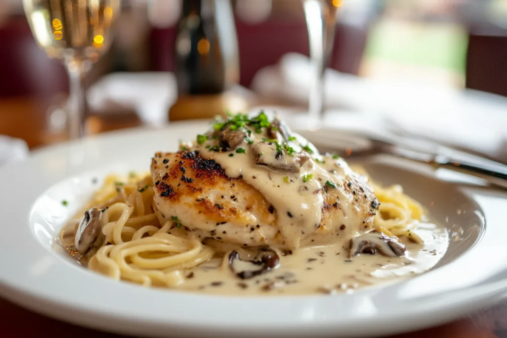 A side view of a portion of Chicken Marsala Fettuccine being served onto a white plate