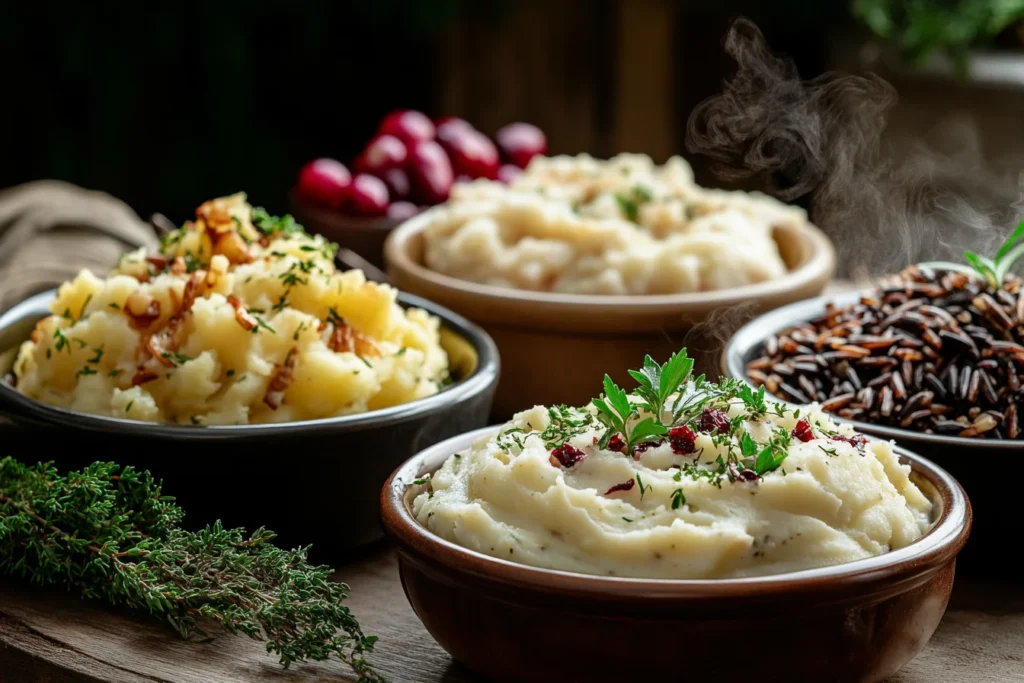 A side-view of a selection of potato and rice dishes