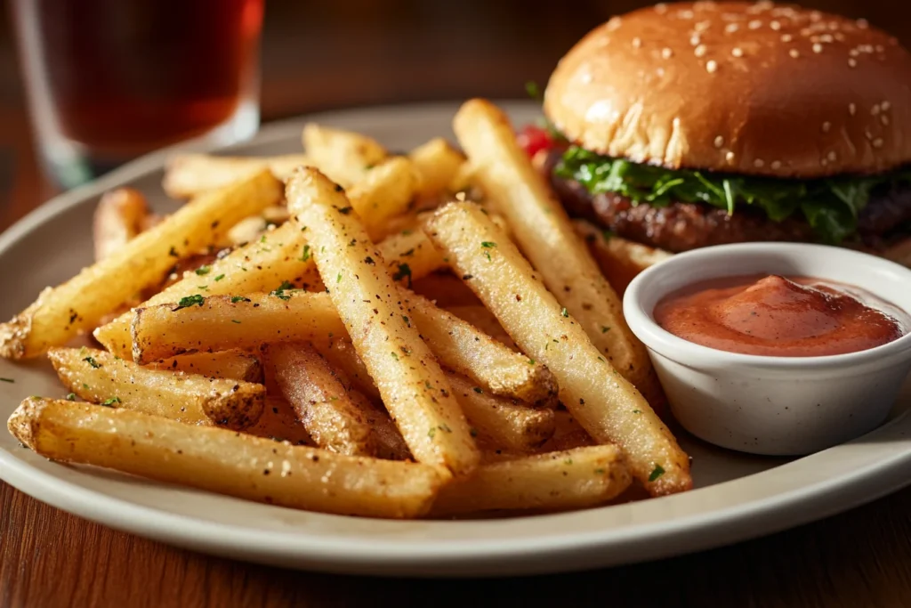 A side view of perfectly seasoned French fries being served on a white plate alongside a burger and a dipping sauce