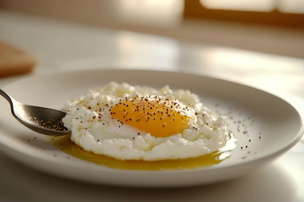 A side view photograph of a single fried egg on a white plate.. A spoonful of cottage cheese has been placed on top of the egg.