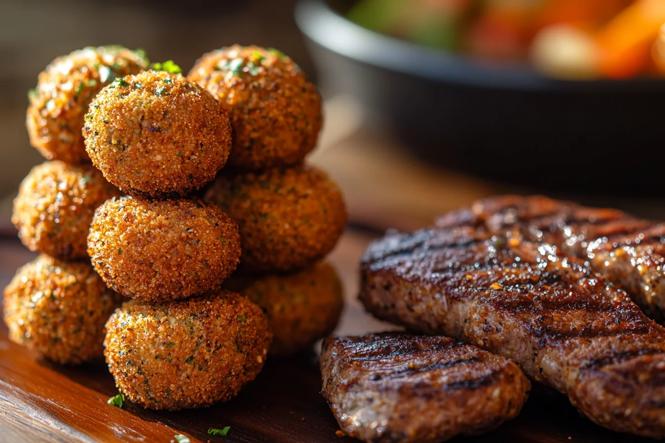 A side view shot of a stack of Falafel balls and meet