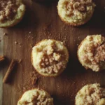 A top-down, close-up photograph of a batch of freshly baked cinnamon streusel muffins, golden-brown streusel topping glistening slightly