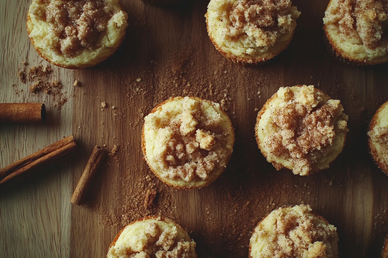 A top-down, close-up photograph of a batch of freshly baked cinnamon streusel muffins, golden-brown streusel topping glistening slightly