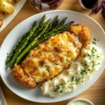 A top-down flatlay of a cooked Chicken Cordon Bleu on a white plate, surrounded by various colorful side dishes