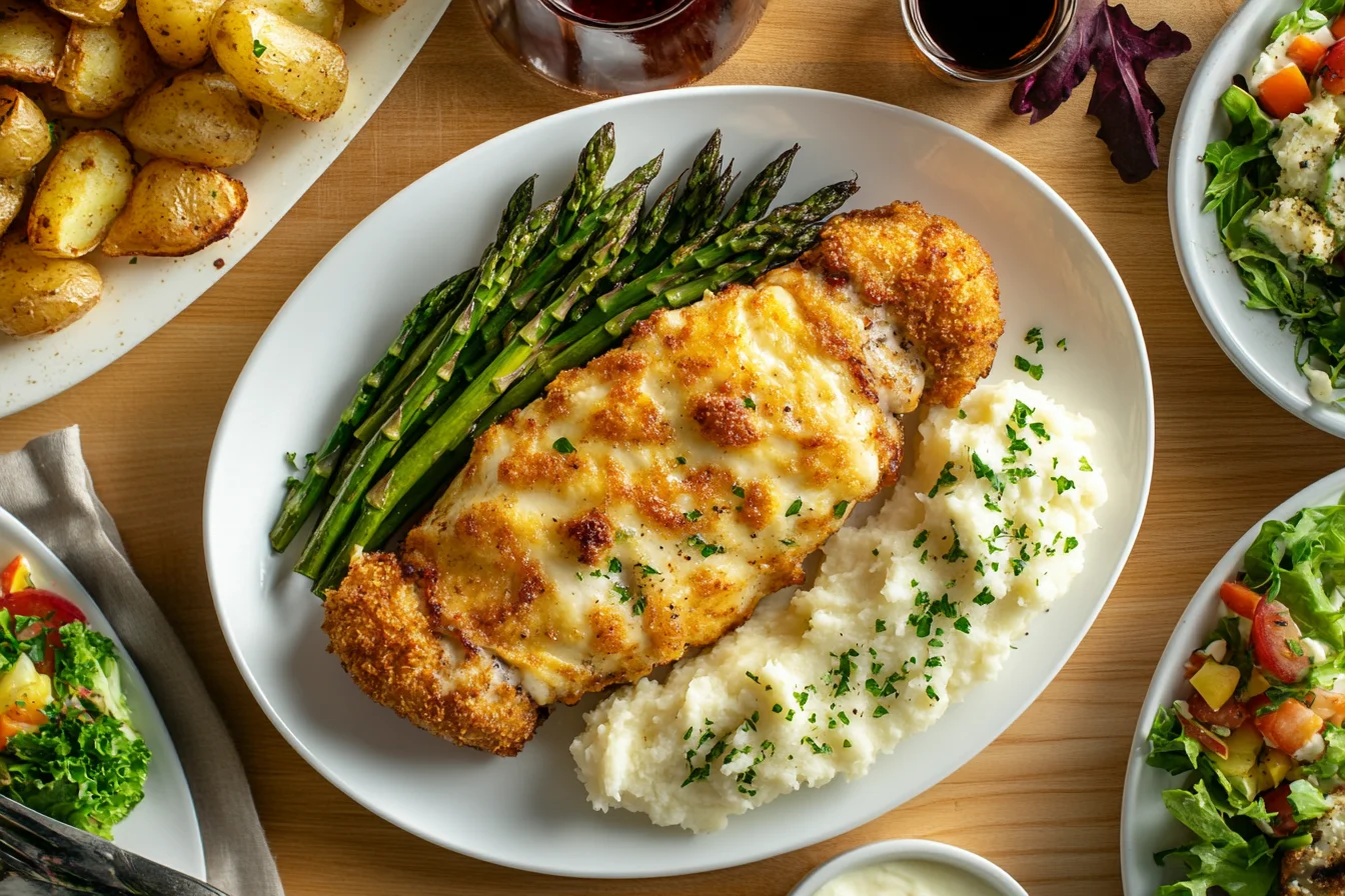 A top-down flatlay of a cooked Chicken Cordon Bleu on a white plate, surrounded by various colorful side dishes