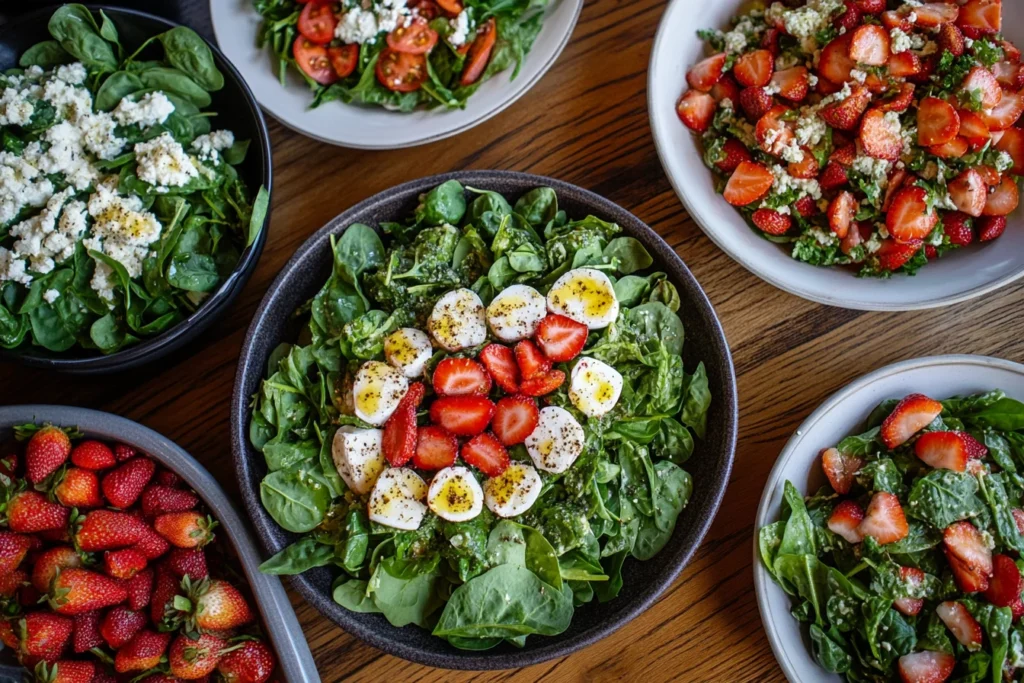 A top-down view of several colorful salads displayed on a wooden table