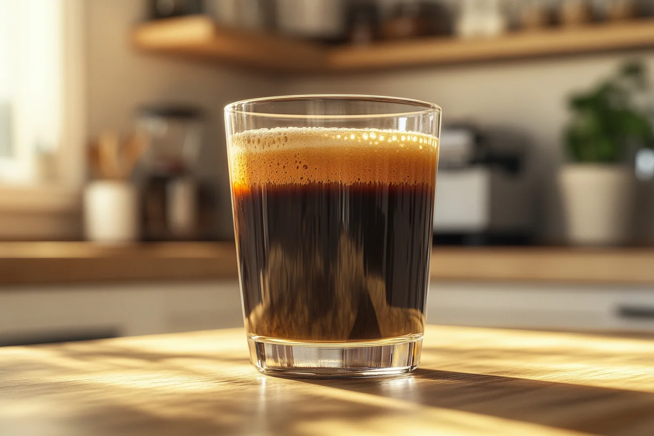 A vibrant and appealing view of a glass of keto coffee, with a creamy texture and a slight froth on top