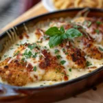 A vibrant and appetizing photograph of a freshly baked Chicken Parmesan Alfredo dish