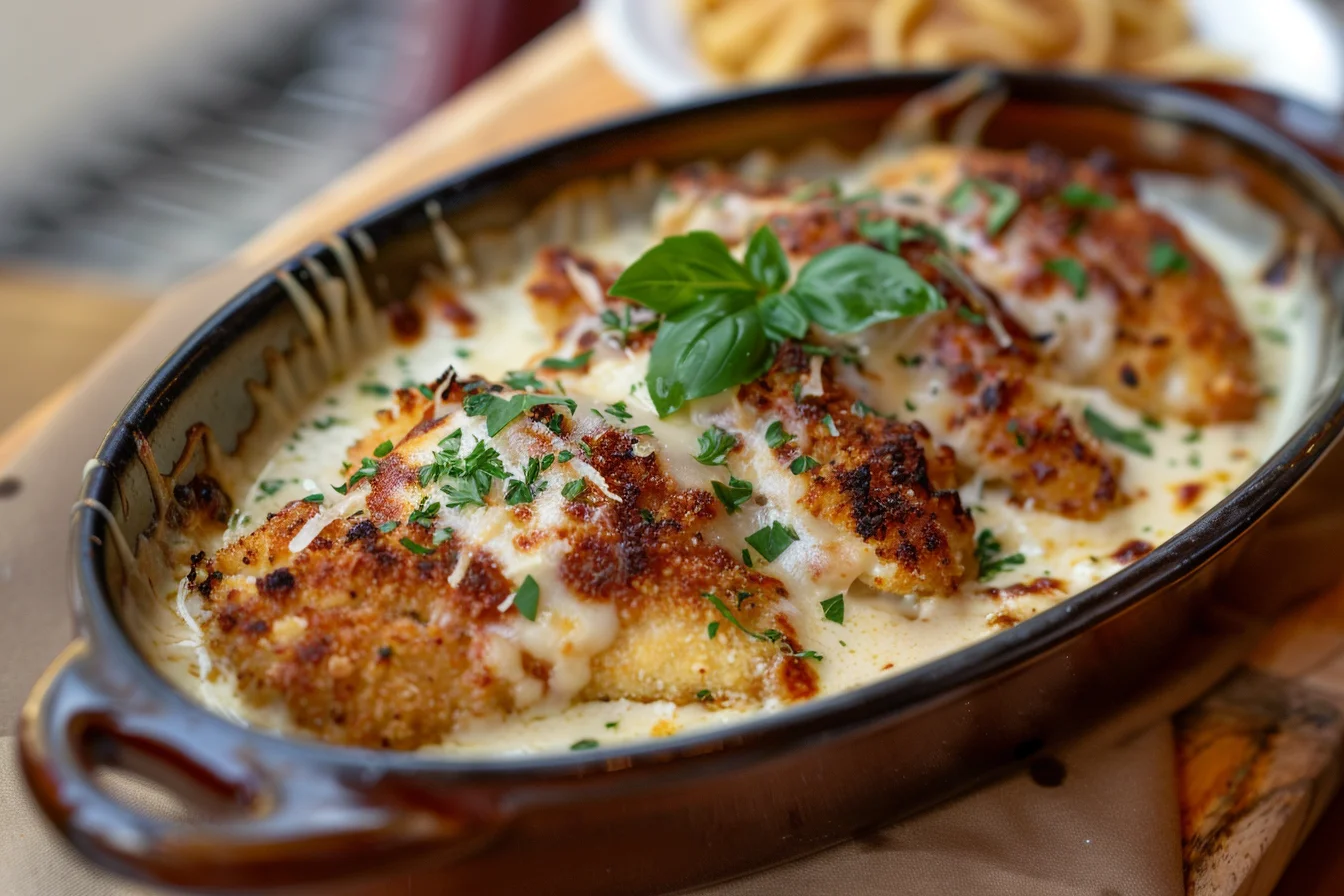 A vibrant and appetizing photograph of a freshly baked Chicken Parmesan Alfredo dish