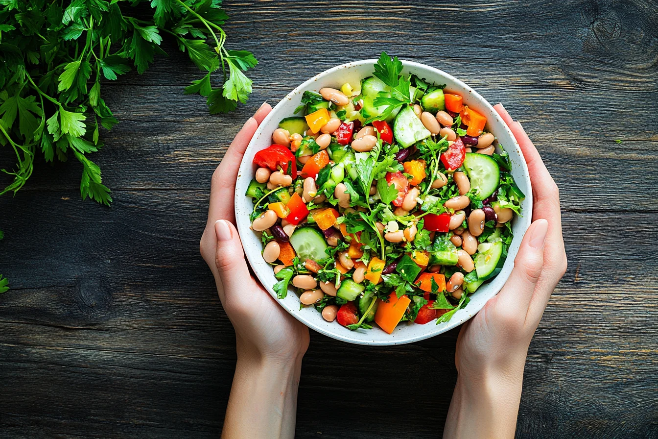 A vibrant top-down shot of a colorful and textured dense bean salad in a white ceramic bowl