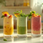 A vibrant, wide-angle shot showcasing four different smoothies lined up against a light and bright kitchen counter