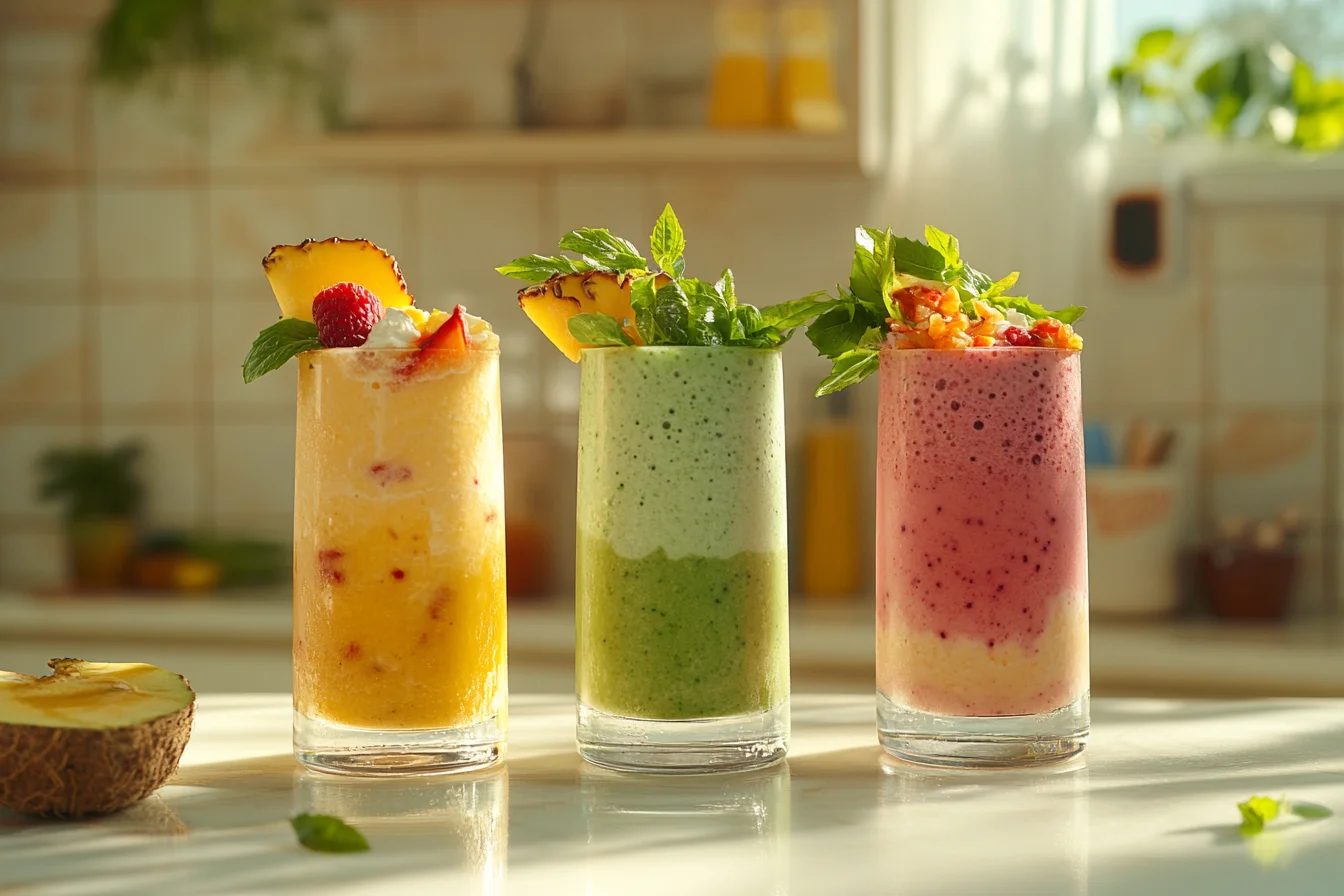 A vibrant, wide-angle shot showcasing four different smoothies lined up against a light and bright kitchen counter