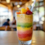 A visually captivating, eye level shot of a tall glass of a vibrant, layered tropical smoothie, with visible chunks of fruit and a straw