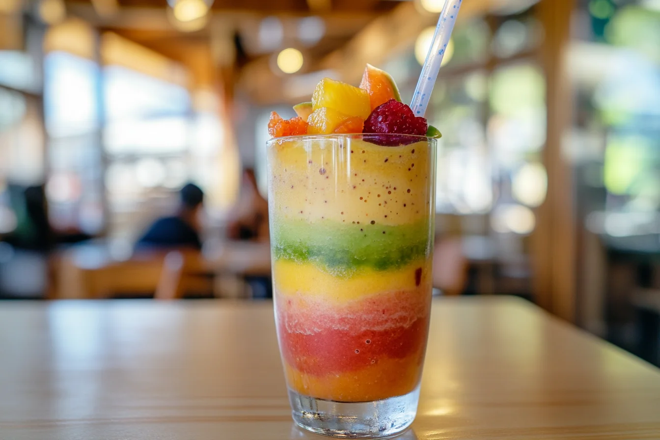 A visually captivating, eye level shot of a tall glass of a vibrant, layered tropical smoothie, with visible chunks of fruit and a straw