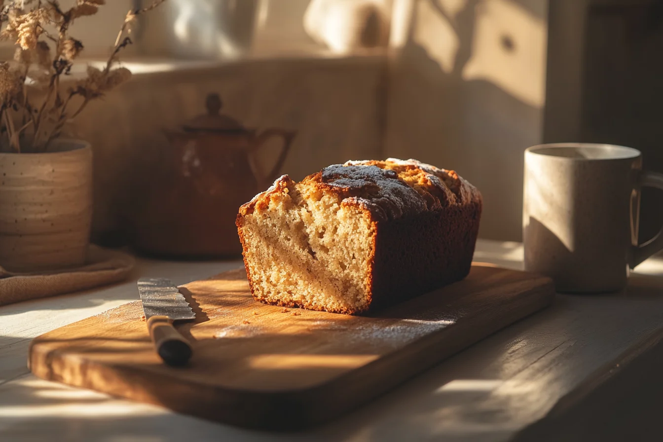 A warm, inviting close-up shot of a slice of 4-ingredient banana bread on a wooden cutting board