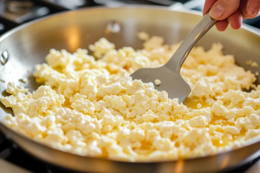 A front view photograph of a hand using a spatula to mix fresh cottage cheese into a pan of lightly scrambled eggs