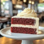 An eye-level, visually appealing shot of a slice of red velvet cake, with a generous amount of cream cheese frosting