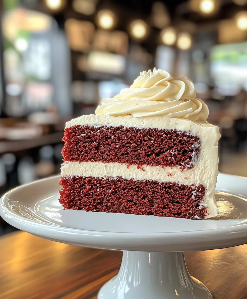 An eye-level, visually appealing shot of a slice of red velvet cake, with a generous amount of cream cheese frosting