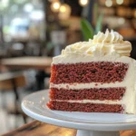 An eye-level, visually appealing shot of a slice of red velvet cake, with a generous amount of cream cheese frosting