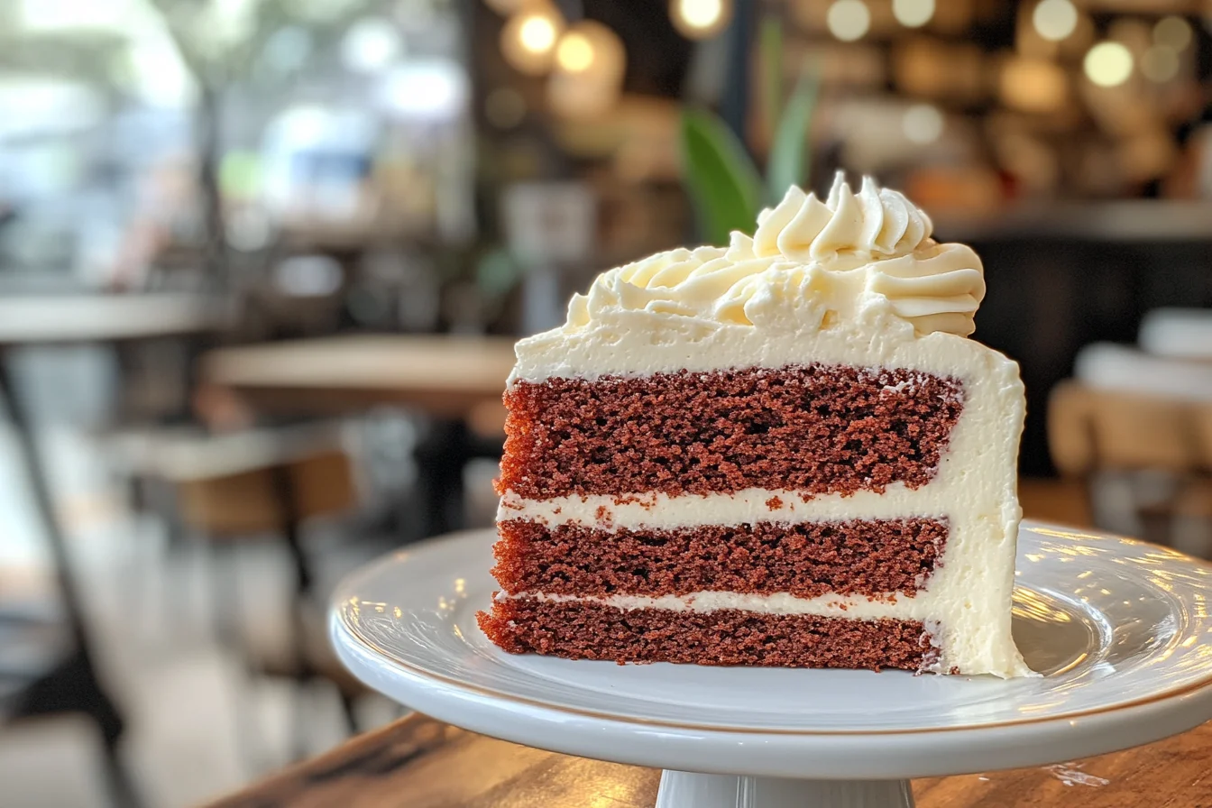 An eye-level, visually appealing shot of a slice of red velvet cake, with a generous amount of cream cheese frosting