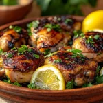 An eye-level, visually appealing shot of freshly cooked Mediterranean chicken thighs, with visible grill marks, glistening with olive oil