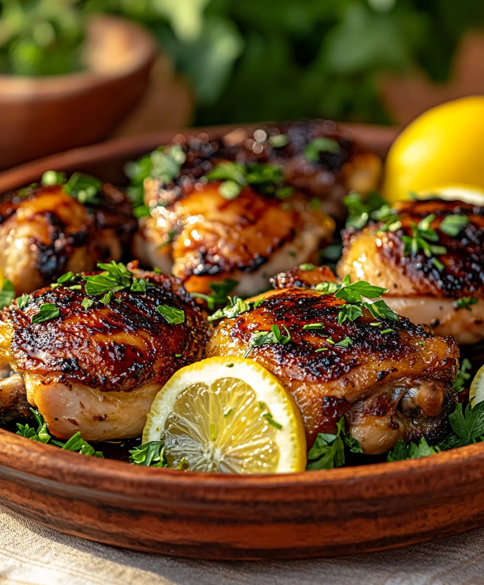 An eye-level, visually appealing shot of freshly cooked Mediterranean chicken thighs, with visible grill marks, glistening with olive oil