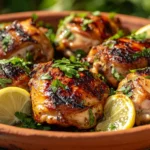 An eye-level, visually appealing shot of freshly cooked Mediterranean chicken thighs, with visible grill marks, glistening with olive oil