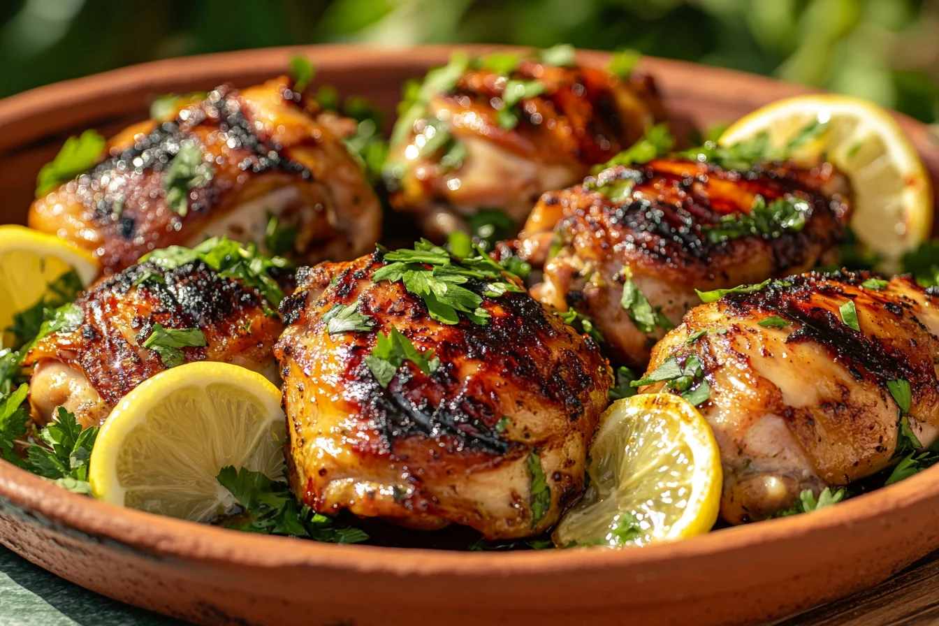 An eye-level, visually appealing shot of freshly cooked Mediterranean chicken thighs, with visible grill marks, glistening with olive oil