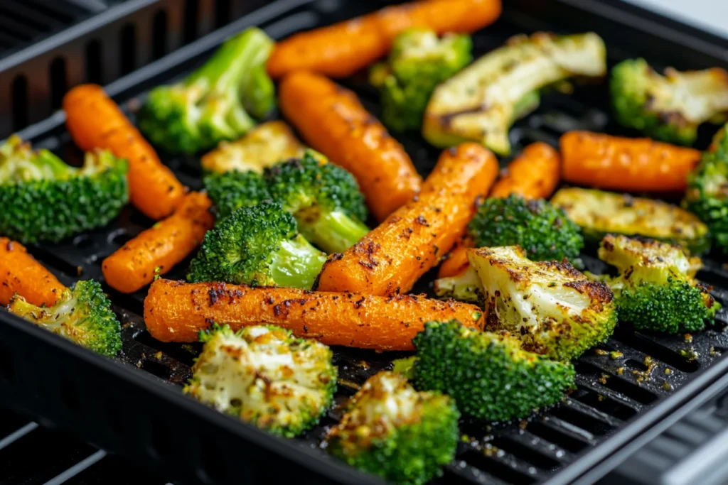 An isometric view of a black air fryer basket filled with crispy air-fried vegetables