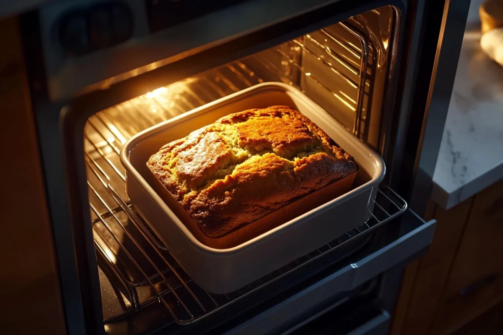 An isometric view of a loaf of 4-ingredient banana bread baking in a loaf pan inside an oven