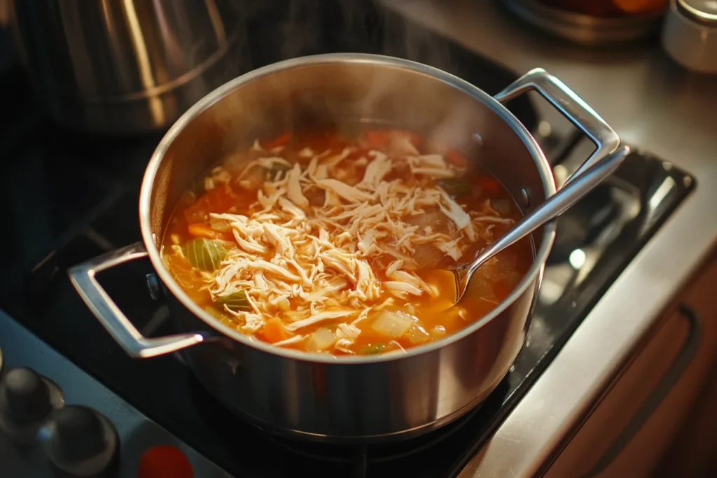 An isometric view of chicken and cabbage soup simmering in a pot on the stovetop