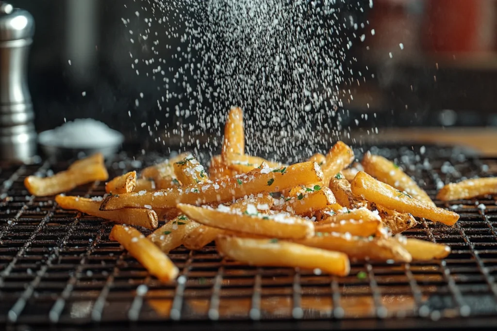 An isometric view of hot, golden brown French fries being tossed with salt and herbs on a wire rack