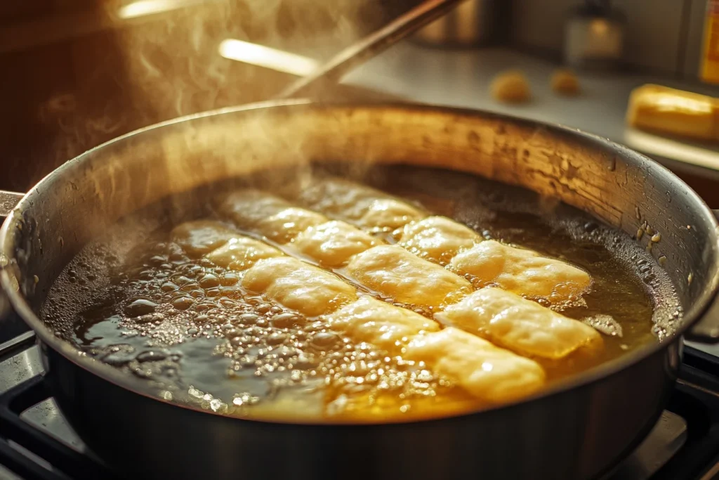 An isometric view of long john donuts being fried in a large pot of hot oil, bubbles visible in the oil, with a metal slotted spoon nearby