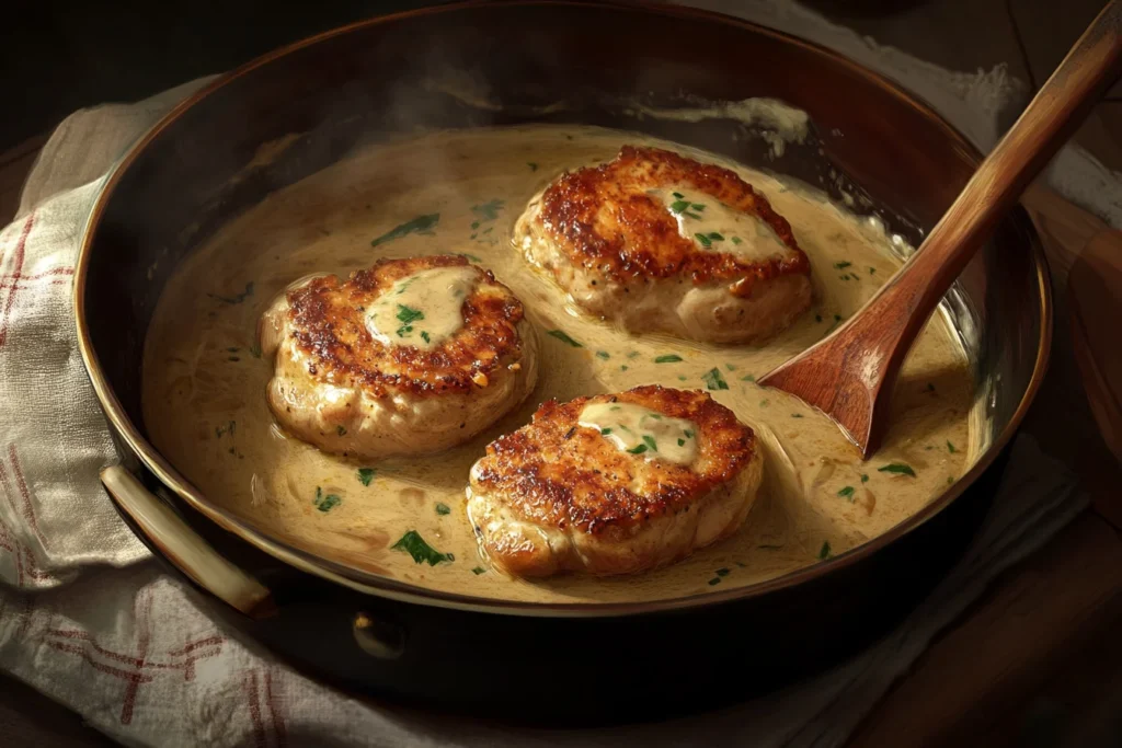 An isometric view of the creamy Marsala sauce simmering in a skillet, with the cooked chicken cutlets submerged within it