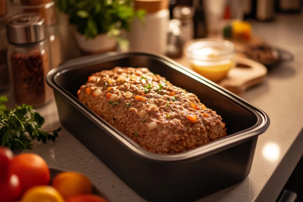 An isometric view of the meatloaf mixture being shaped into a loaf in a loaf pan