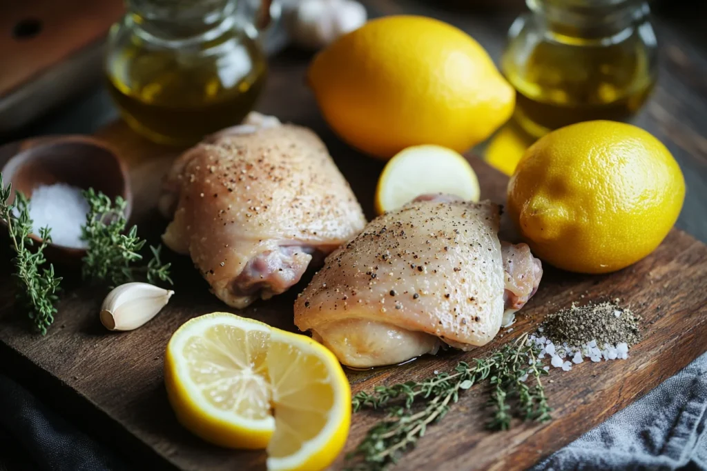 Front view, a close-up shot of the core ingredients for Mediterranean chicken thighs, including chicken thighs, olive oil, lemons, garlic, dried oregano and thyme