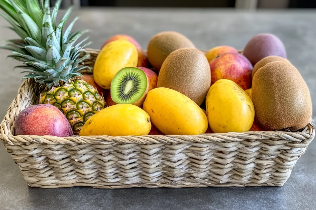 Front view, a slightly tilted, candid close-up of an assortment of vibrant tropical fruits (mango, pineapple, kiwi, passion fruit)