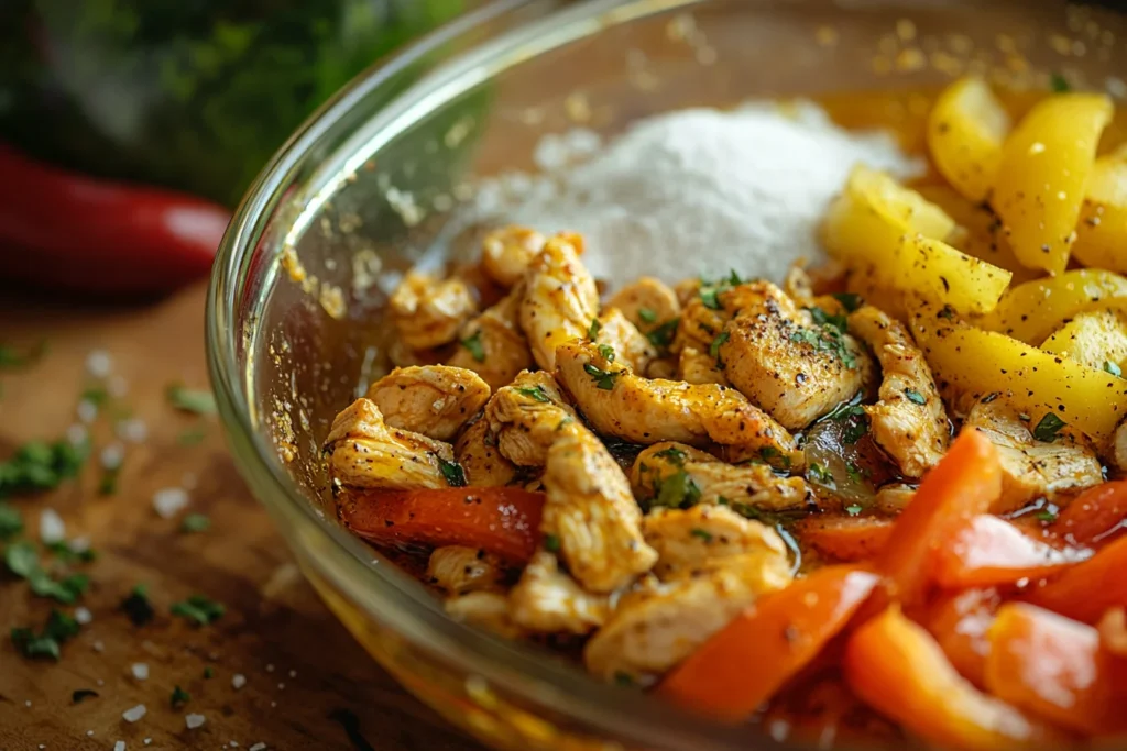 How Much Salt in Maria's Fajita Chicken. Front view, a slightly tilted close-up of a glass bowl filled with various chicken fajita marinade ingredients