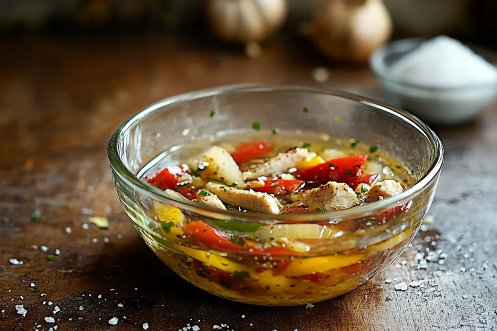 Front view, a slightly tilted close-up of a glass bowl filled with various chicken fajita marinade ingredients2